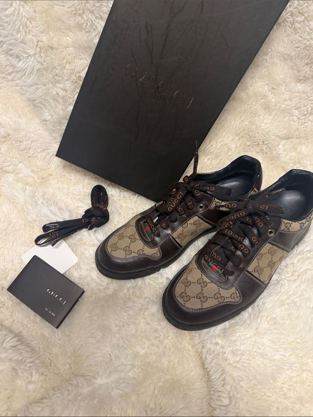 Gucci Brown GG Canvas Low-Top Sneakers with Dark Brown Leather Trim Y2K - Picture 2 of 9